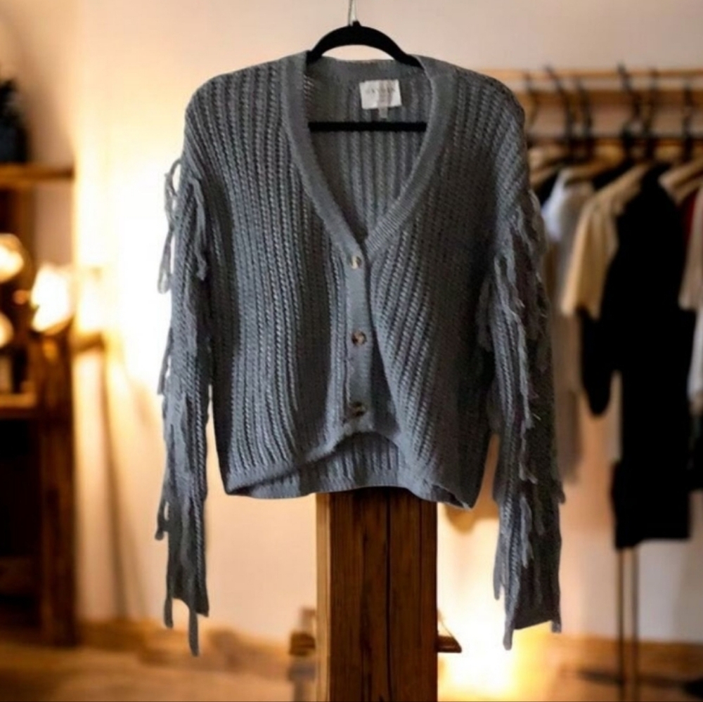 Hayden Los Angeles Cardigan gray button front w fringes on arms size Med/Lg